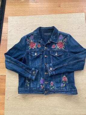 Blank NYC Embroidered Rose Denim Jacket - Blue with Red & Purple Floral